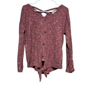 Bobbie Brooks Medium Red Maroon Shirt Tie Front Criss Cross Back 3/4 Sleeves